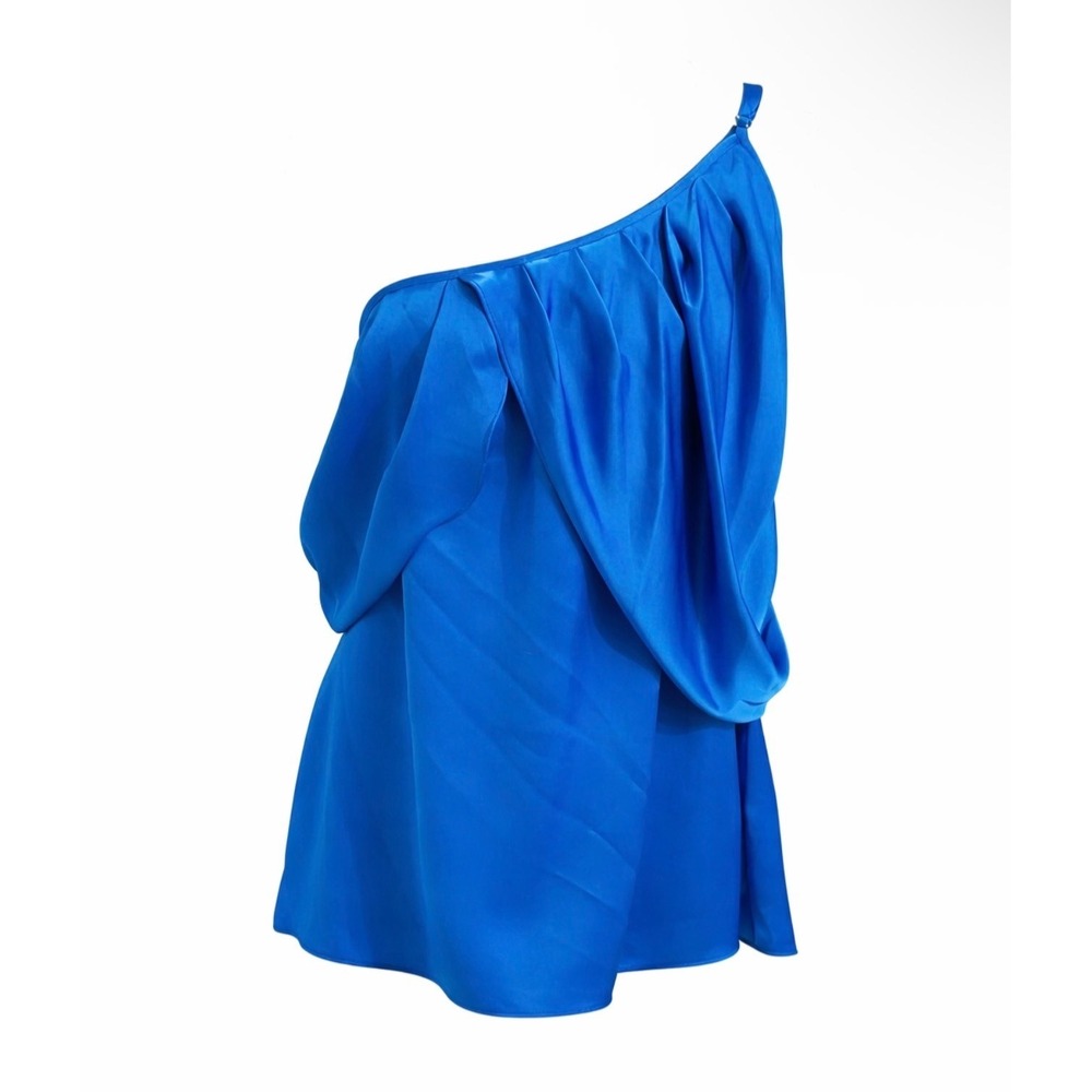 Ramy Brook New York Blue One Shoulder Ruffle‎ Draped Blouse Asymmetrical Top L